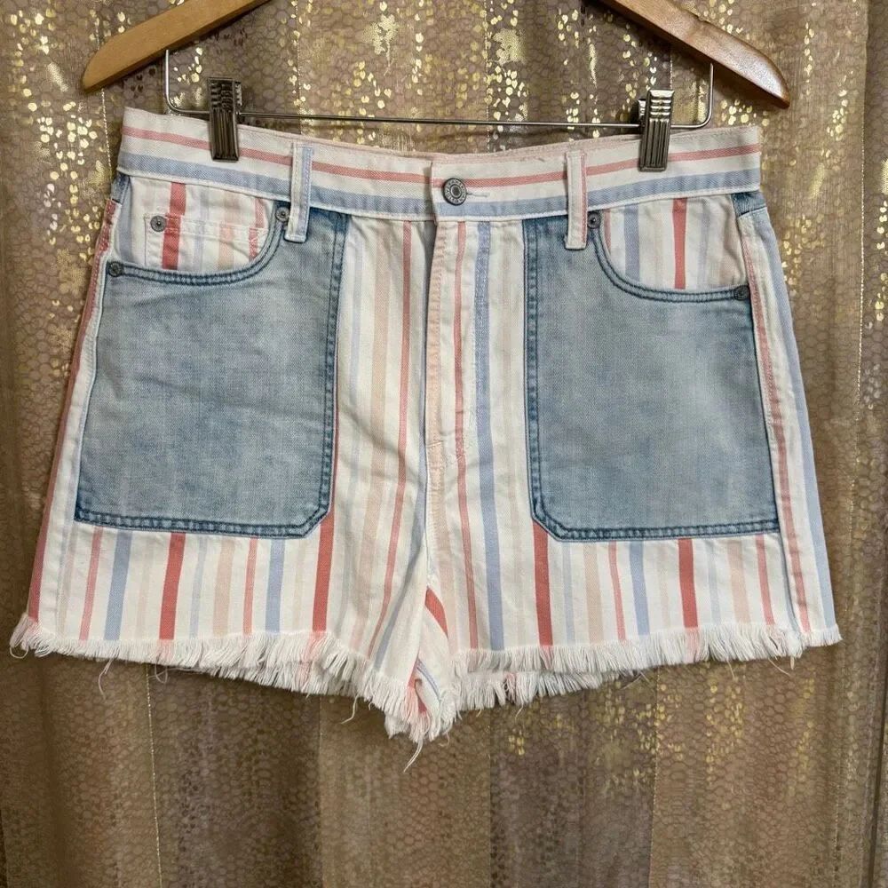 American Eagle Striped Patch White Blue Red Mom Shorts Cutoffs Size 10